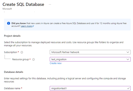 Azure SQL settings name