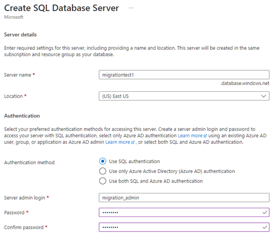 Azure SQL Server settings user and password