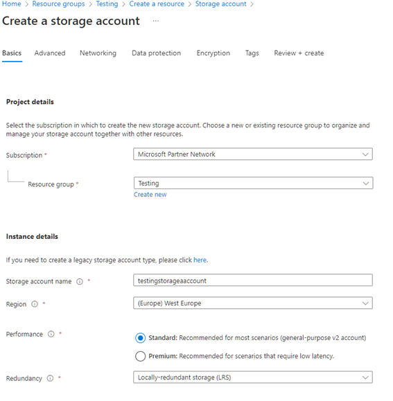 Create Azure Storage Account